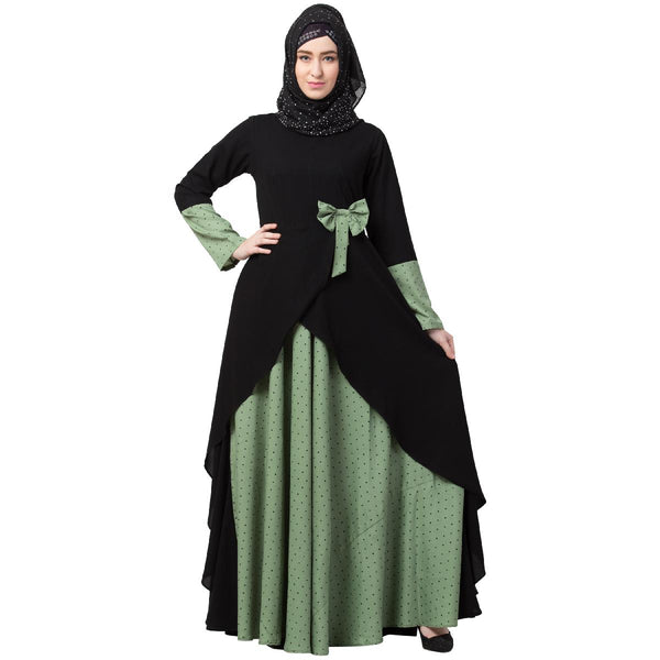 Polka Dotted Asymmetrical Dress Abaya- Green-Black