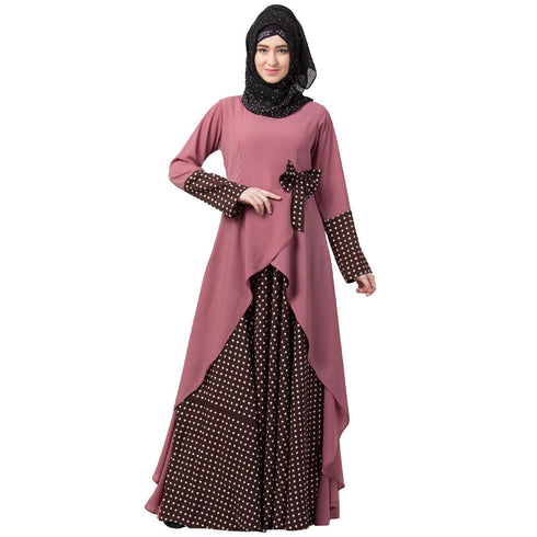 Polka Dotted Asymmetrical Dress Abaya- Puce Pink-Wine