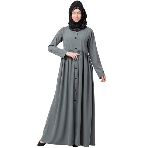 Front Open Abaya With Pintucks- Grey