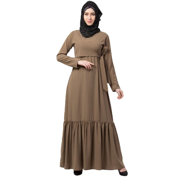 Designer Frilled Abaya- Beige