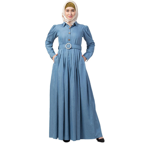 Blue Denim Fullsleeve Plain Abaya for Women