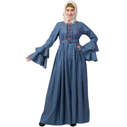 Designer Denim Abaya With Bell Sleeves
