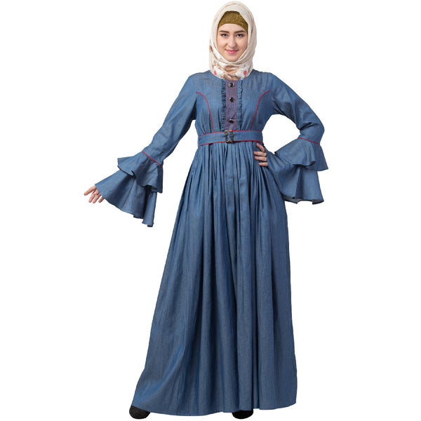 Designer Denim Abaya With Bell Sleeves