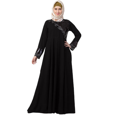 Premium Black Party Wear Abaya With Sequins Work