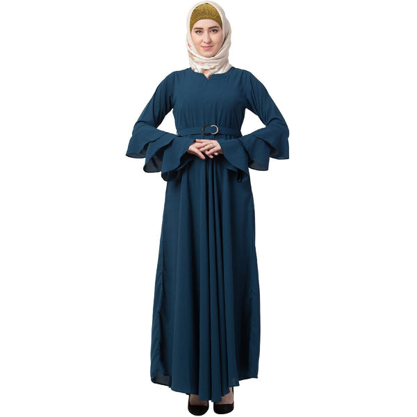 Umbrella Abaya With Bell Sleeves-Teal-Green