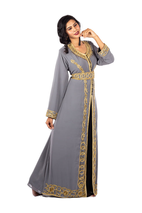 Gray and Black luxurious Moroccan Kaftan With Sun-proof hijab.