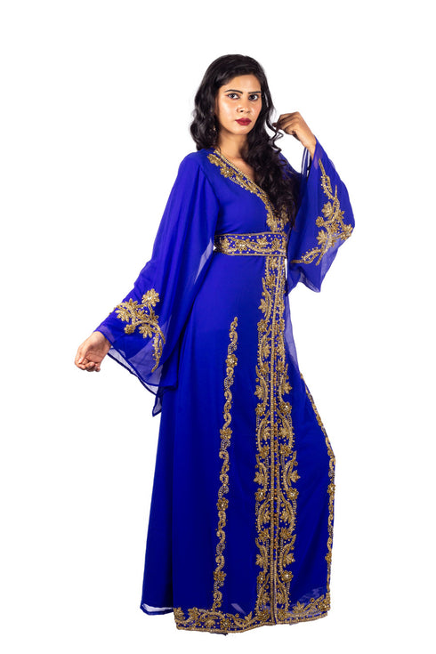 Royal Blue Copper beads luxurious Moroccan Kaftan With Sun-proof hijab.