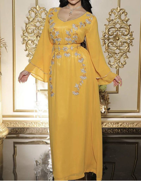 Yellow Zari & Stone Gold Work stitched Satan Designed Kaftan Party Wear