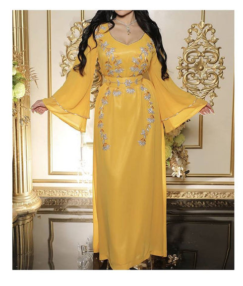 Yellow Zari & Stone Gold Work stitched Satan Designed Kaftan Party Wear