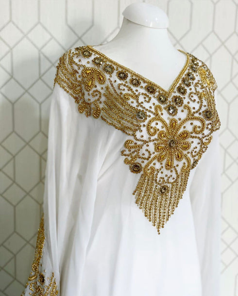 White Wedding Zari Embroidered Georgette Stitched Stone Work Long Sleeve Dresses