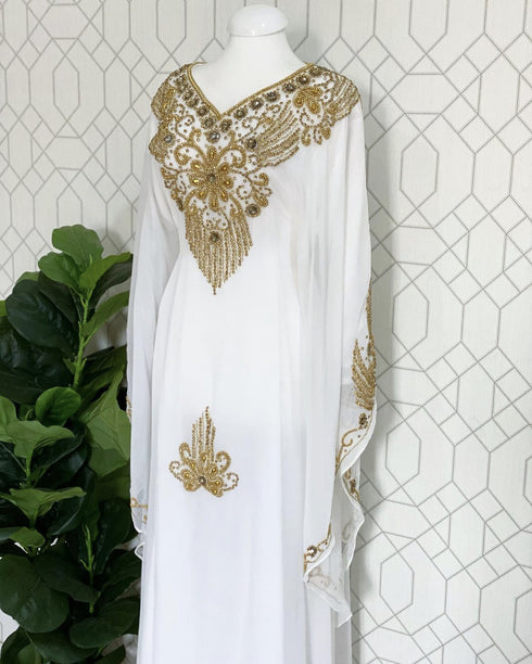 White Wedding Zari Embroidered Georgette Stitched Stone Work Long Sleeve Dresses