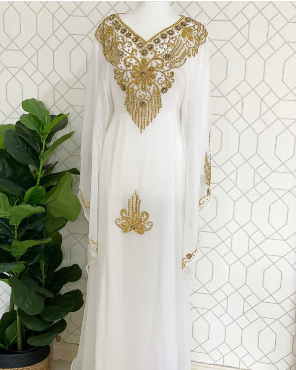 White Wedding Zari Embroidered Georgette Stitched Stone Work Long Sleeve Dresses