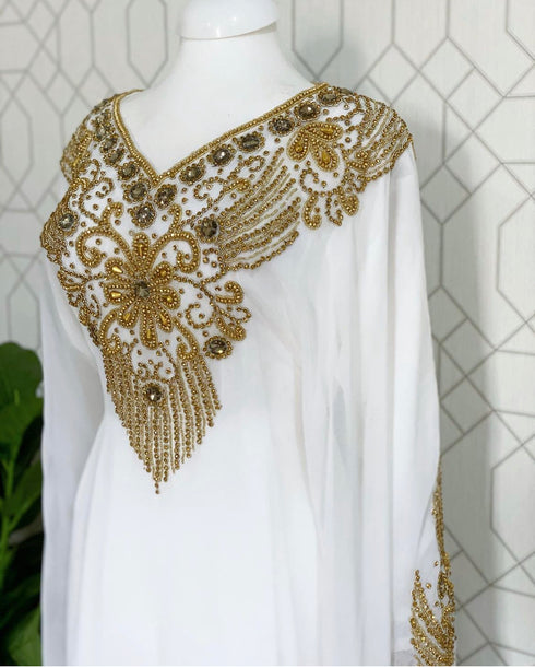 White Wedding Zari Embroidered Georgette Stitched Stone Work Long Sleeve Dresses