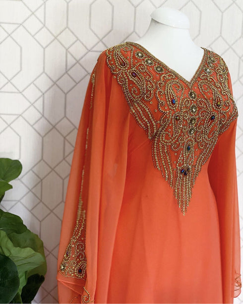 Orange Georgette Embroidered Kaftan Dress