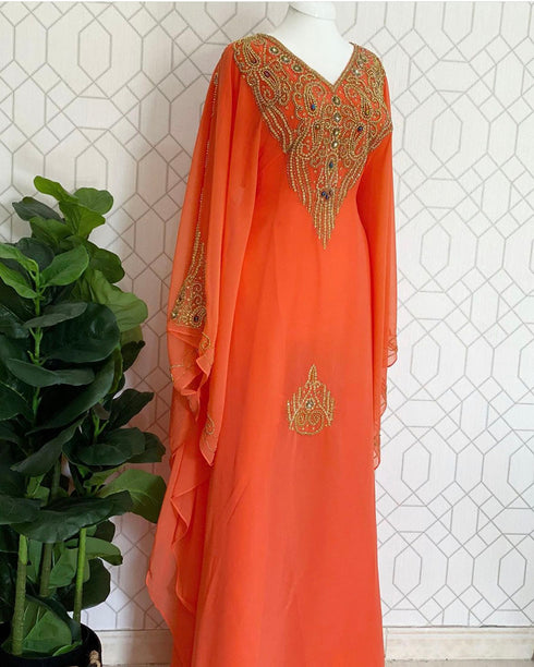 Orange Georgette Embroidered Kaftan Dress