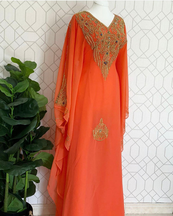 Orange Georgette Embroidered Kaftan Dress