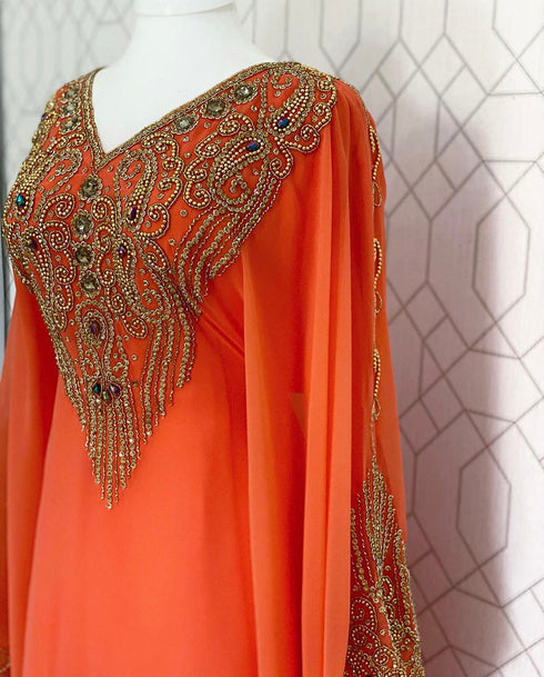 Orange Georgette Embroidered Kaftan Dress
