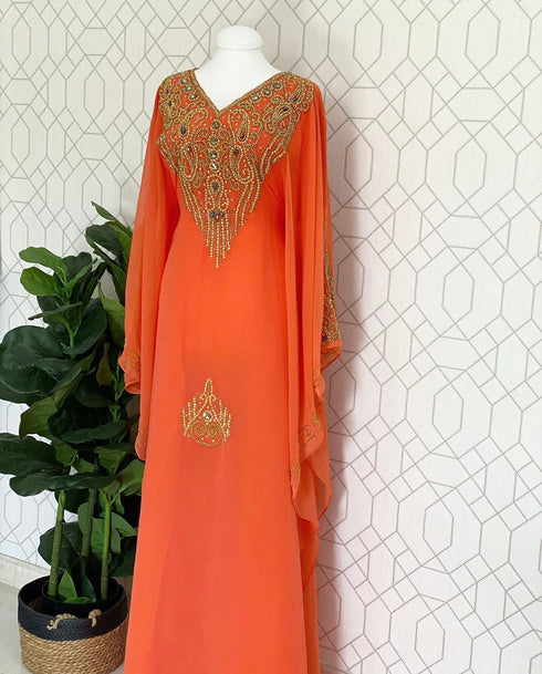 Orange Georgette Embroidered Kaftan Dress