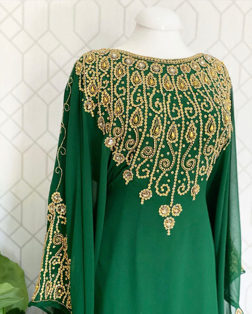 Green Georgette Gold Embroidered Stone work Stitched Dress Kaftan Party Wear Wedding Dresses