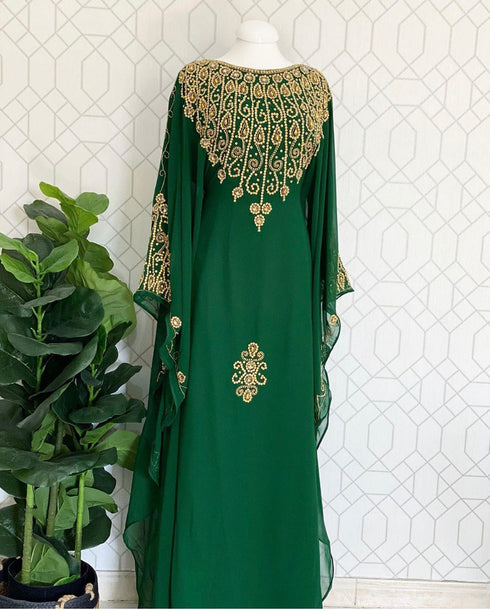 Green Georgette Gold Embroidered Stone work Stitched Dress Kaftan Party Wear Wedding Dresses