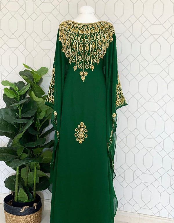 Green Georgette Gold Embroidered Stone work Stitched Dress Kaftan Party Wear Wedding Dresses