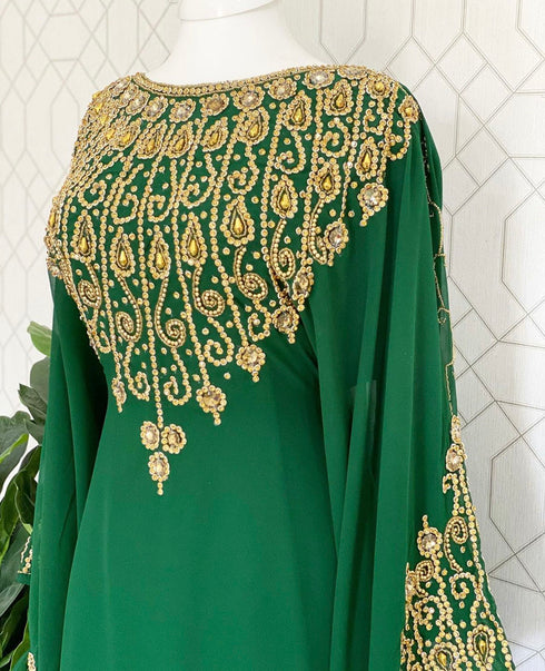Green Georgette Gold Embroidered Stone work Stitched Dress Kaftan Party Wear Wedding Dresses