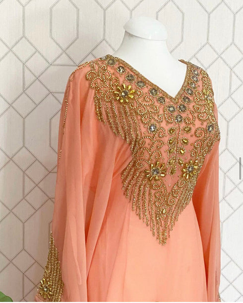 Peach Kaftan Georgette Embroidered Stone work Stitched Dress Party Wear Wedding Dresses