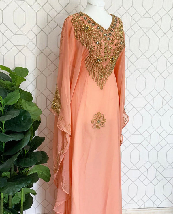 Peach Kaftan Georgette Embroidered Stone work Stitched Dress Party Wear Wedding Dresses