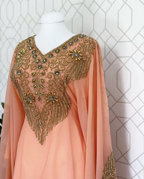 Peach Kaftan Georgette Embroidered Stone work Stitched Dress Party Wear Wedding Dresses