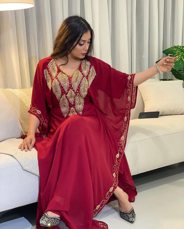 Burgundy Zari Embroidered Stone Work Georgette Stitched Wedding Party Wear Dresses