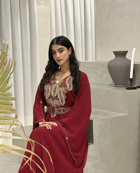Burgundy Zari Embroidered Stone Work Georgette Casual Stitched Wedding Party Wear Dress