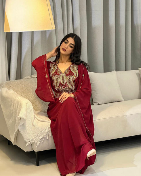 Burgundy Zari Embroidered Stone Work Georgette Casual Stitched Wedding Party Wear Dress