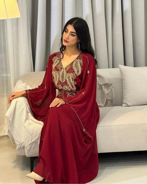 Burgundy Zari Embroidered Stone Work Georgette Casual Stitched Wedding Party Wear Dress