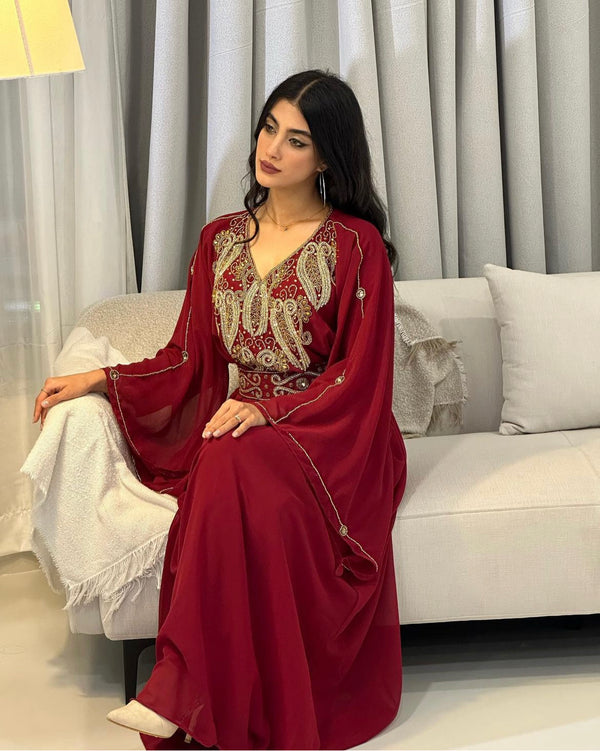 Burgundy Zari Embroidered Stone Work Georgette Casual Stitched Wedding Party Wear Dress