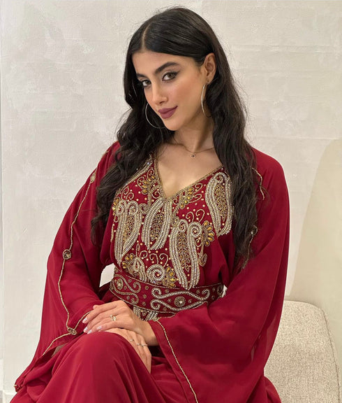 Burgundy Zari Embroidered Stone Work Georgette Casual Stitched Wedding Party Wear Dress
