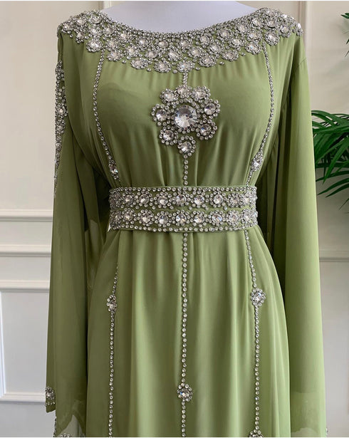 Olive Dress Silver Work Wedding Zari Embroidered Georgette Stitched Stone Work Dresses