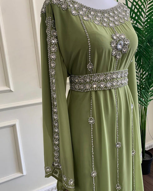Olive Dress Silver Work Wedding Zari Embroidered Georgette Stitched Stone Work Dresses