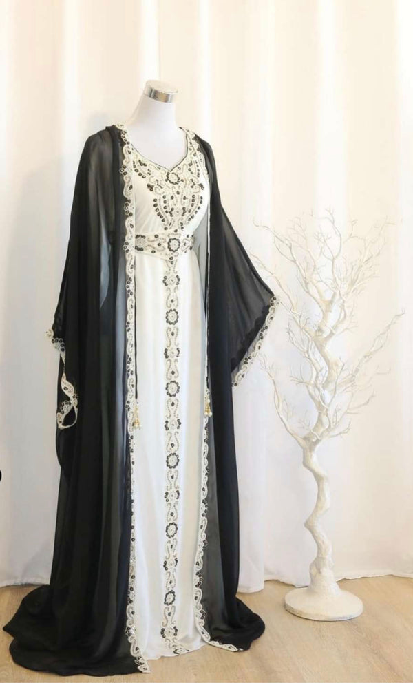 Grand Black & White Layered Kaftan with Silver Zari Work | Luxury Event Dress