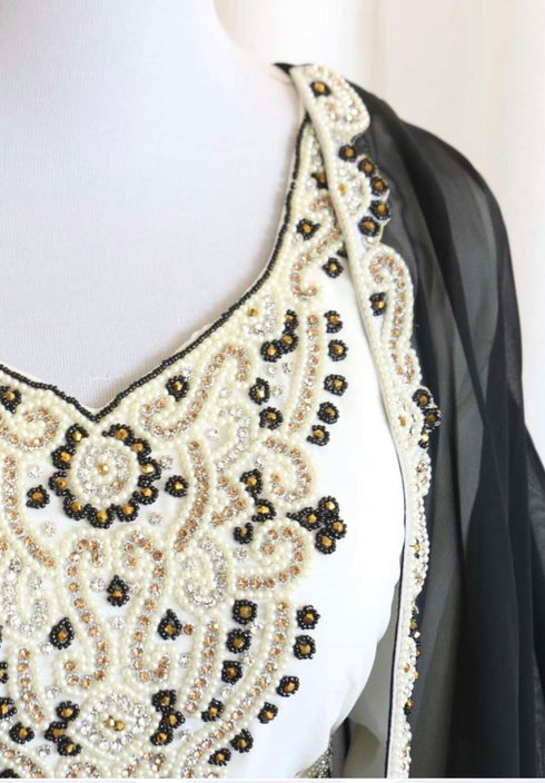 Grand Black & White Layered Kaftan with Silver Zari Work | Luxury Event Dress
