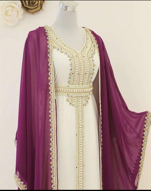 Purple and White Kaftan In Georgette and Zari Work