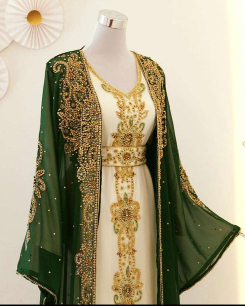 Green and White Georgette Zari Work Kaftan
