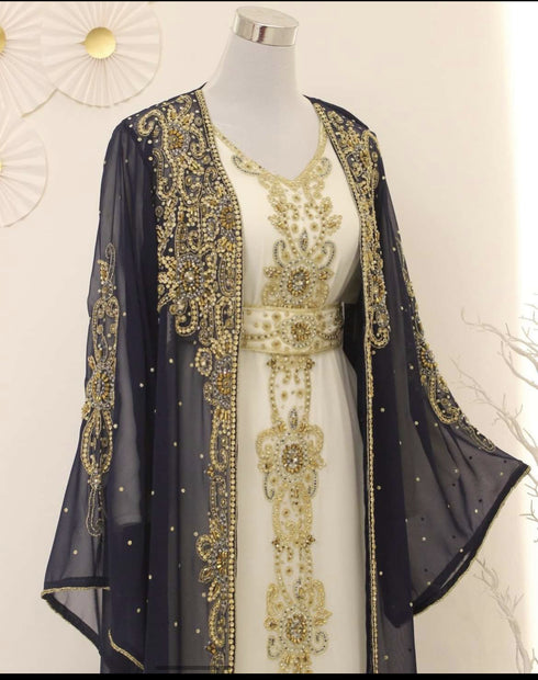 Grand Navy Blue & White Layered Kaftan with Golden Zari Work | Luxury Party & Event Wear