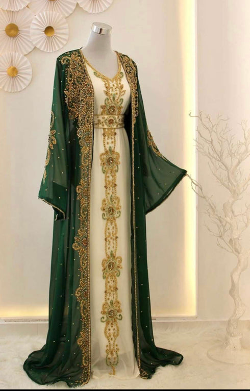 Green and White Georgette Zari Work Kaftan