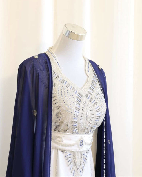Off-White and Navy Blue Georgette Zari Kaftan Dress for Women