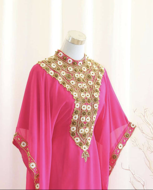 Rani-Pink Handcrafted Zari work Stitched Dress Georgette Kaftan Party Wear Wedding Dresses
