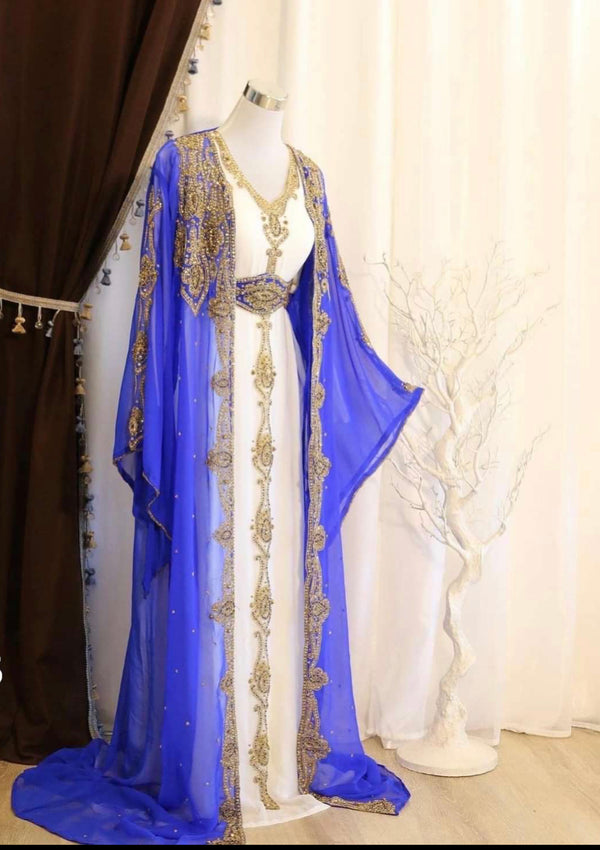 Grand Royal Blue Farasha Kaftan with Gold Zari Work | Dubai Style Event Dress