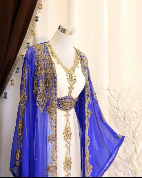 Grand Royal Blue Farasha Kaftan with Gold Zari Work | Dubai Style Event Dress