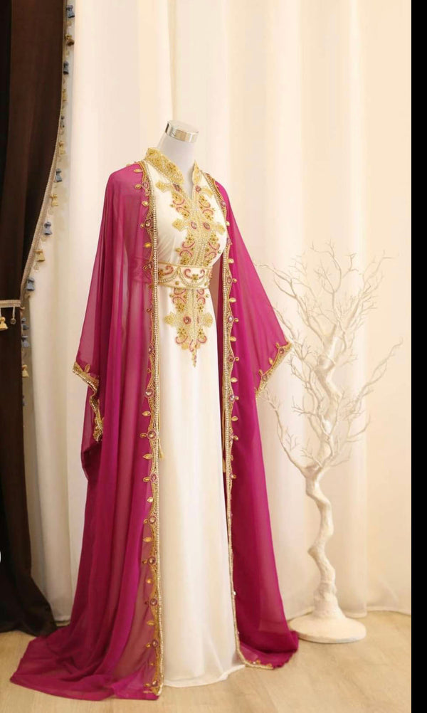 Rani-Pink & White Handcrafted Zari work Stitched Dress Georgette Kaftan Party Wear Wedding Dresses