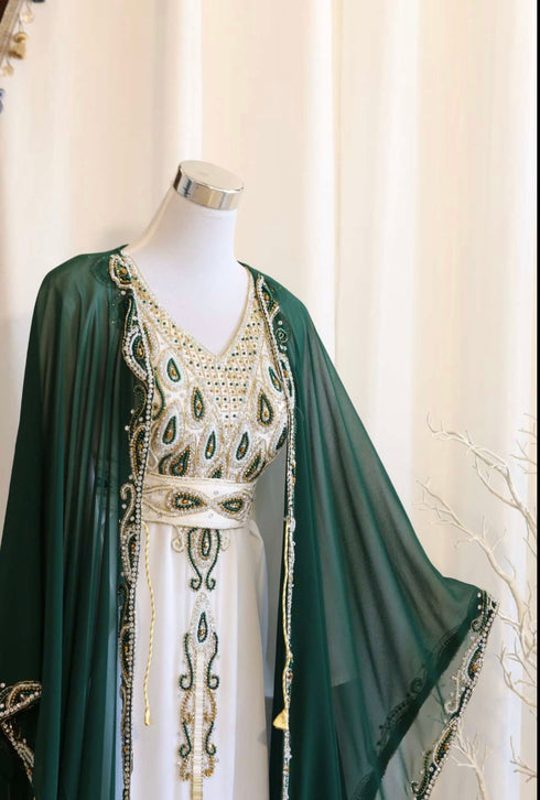 Women's Green and White Georgette Kaftan