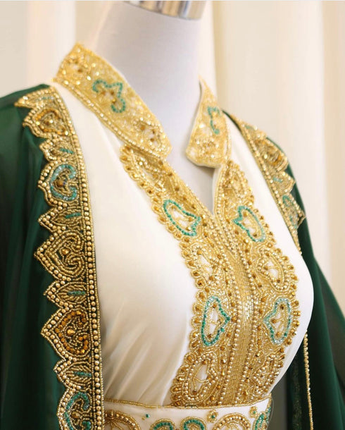 Green & White Kaftan Handcrafted Georgette Work Party Wear Dresses